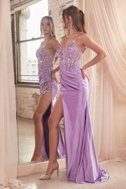 Applique Fitted Satin Glitter Slit Gown by Ladivine CDS439