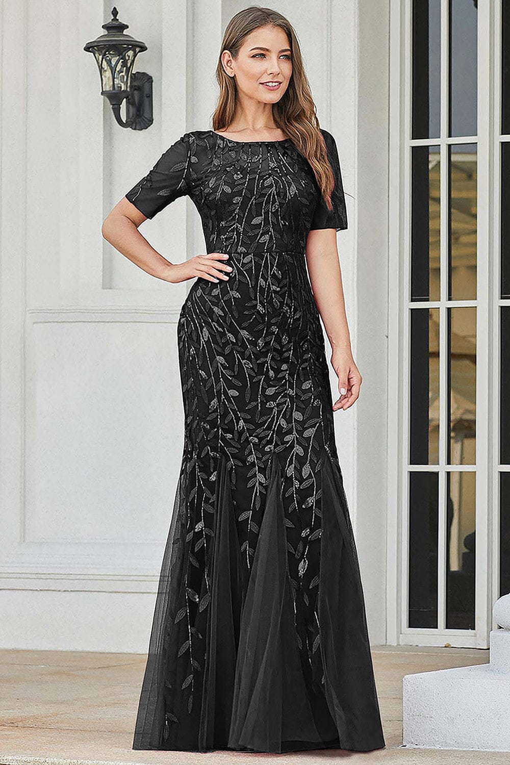 Applique Fitted Short Sleeve Gown by Amelia Couture 7707 10 Black