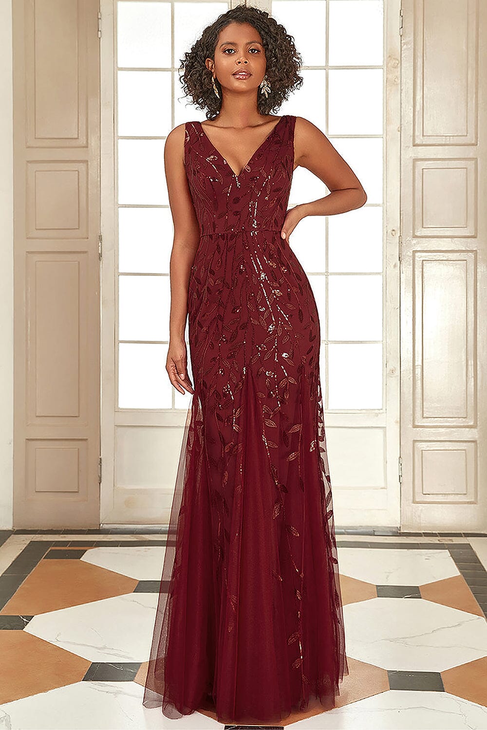 Applique Fitted V-Neck Mesh Gown by Amelia Couture 7886