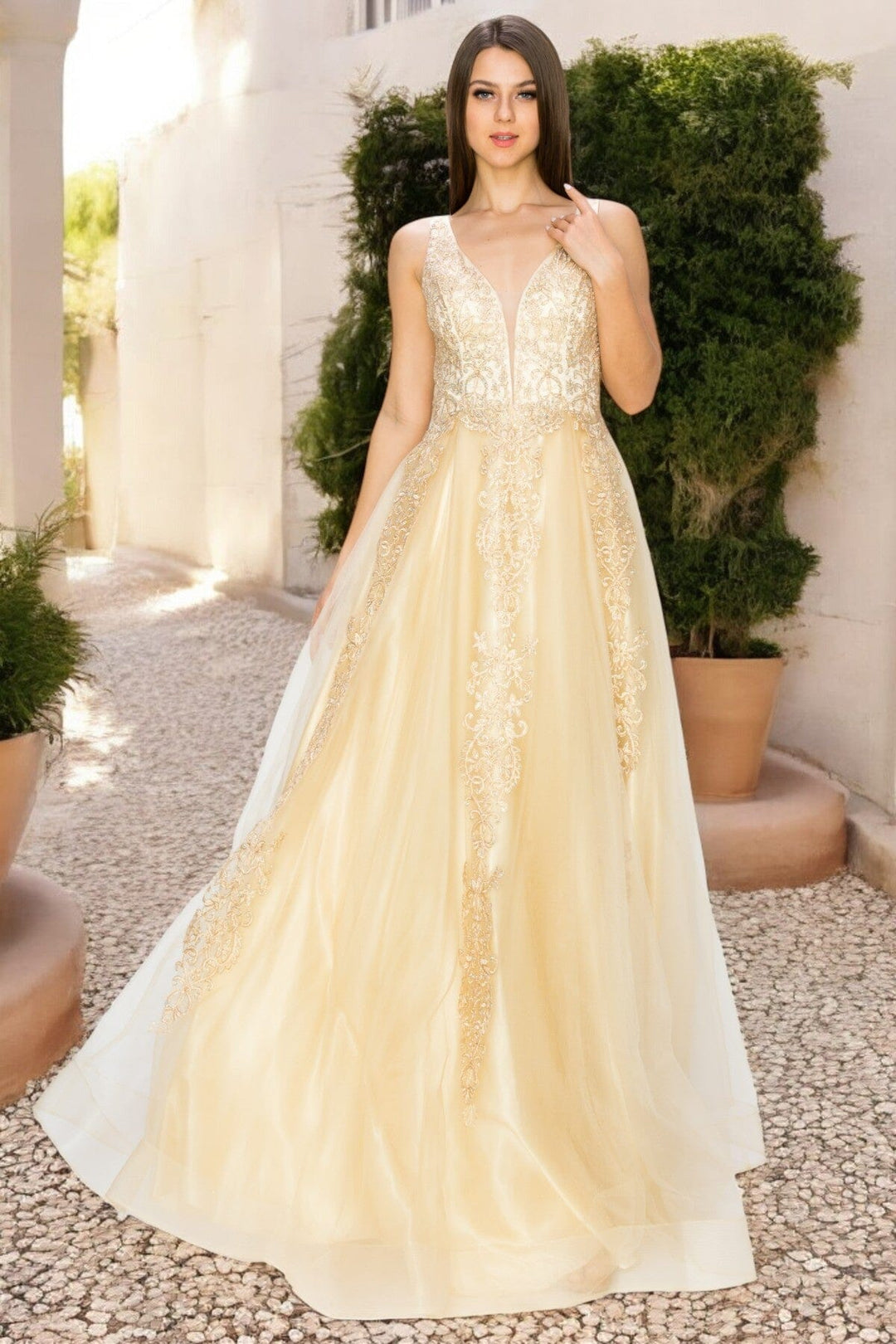 Applique Illusion V-Neck Gown by Cinderella Couture 8029J