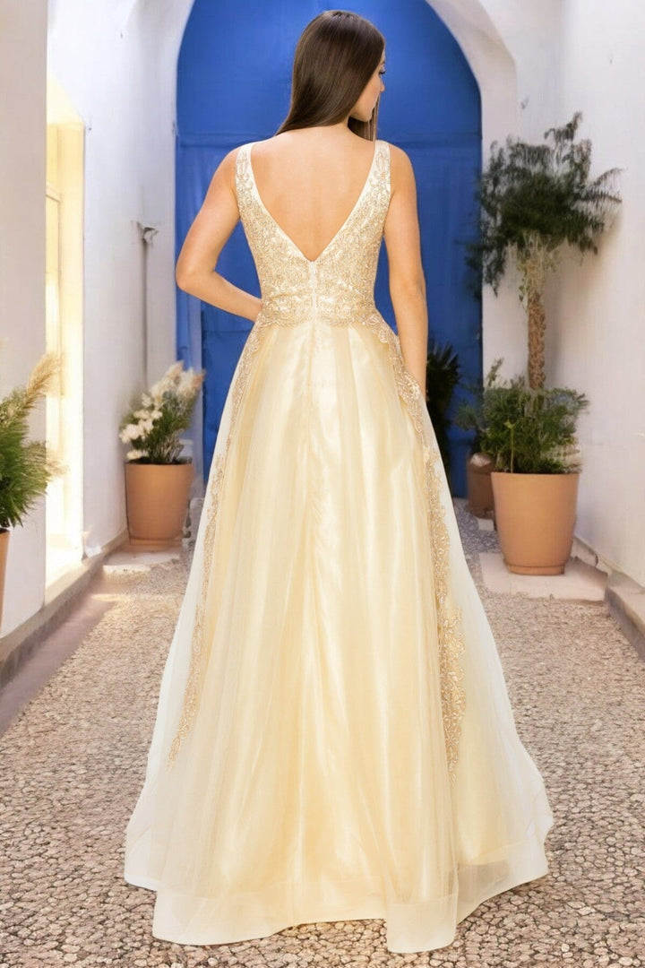 Applique Illusion V-Neck Gown by Cinderella Couture 8029J