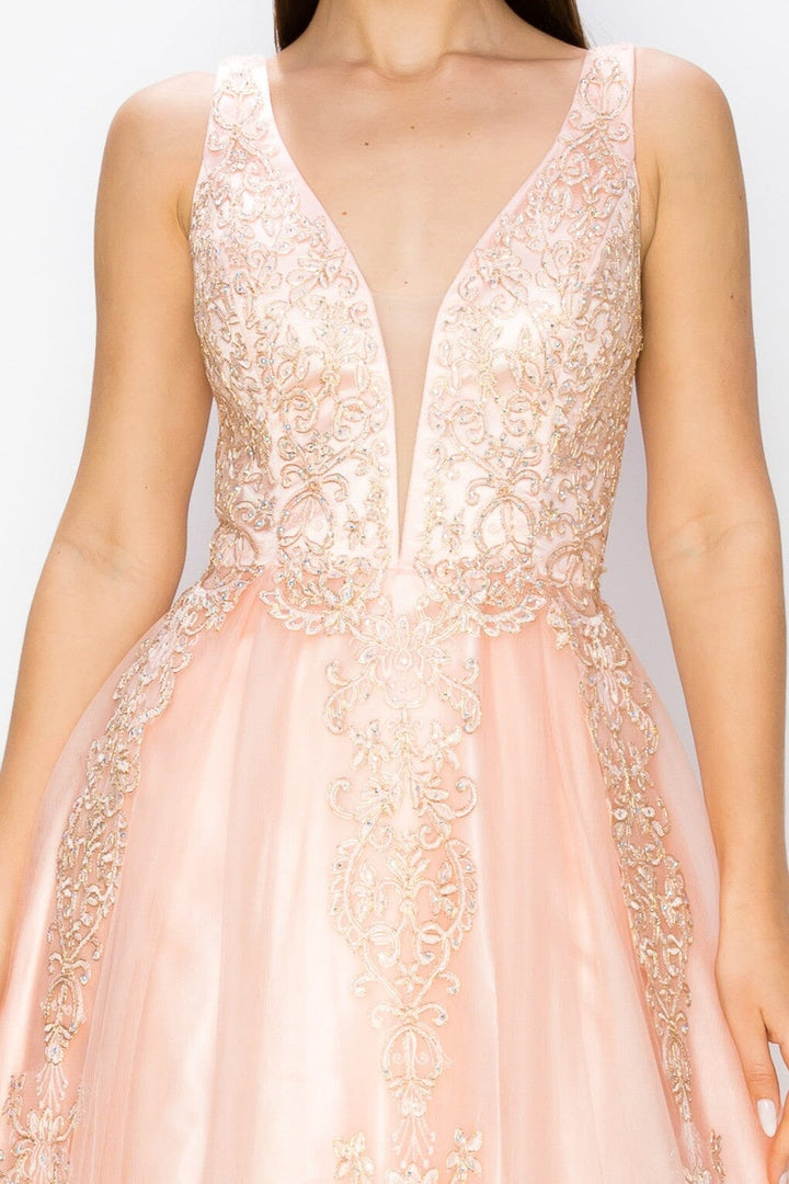 Applique Illusion V-Neck Gown by Cinderella Couture 8029J
