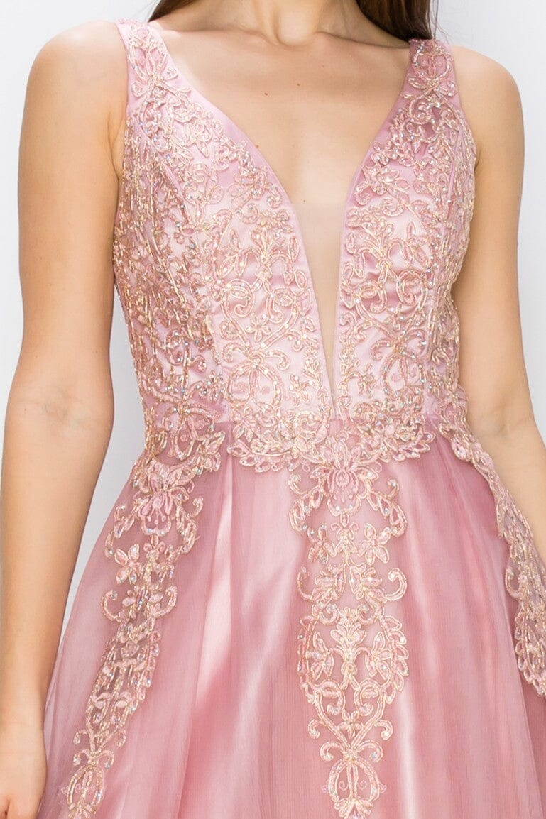 Applique Illusion V-Neck Gown by Cinderella Couture 8029J