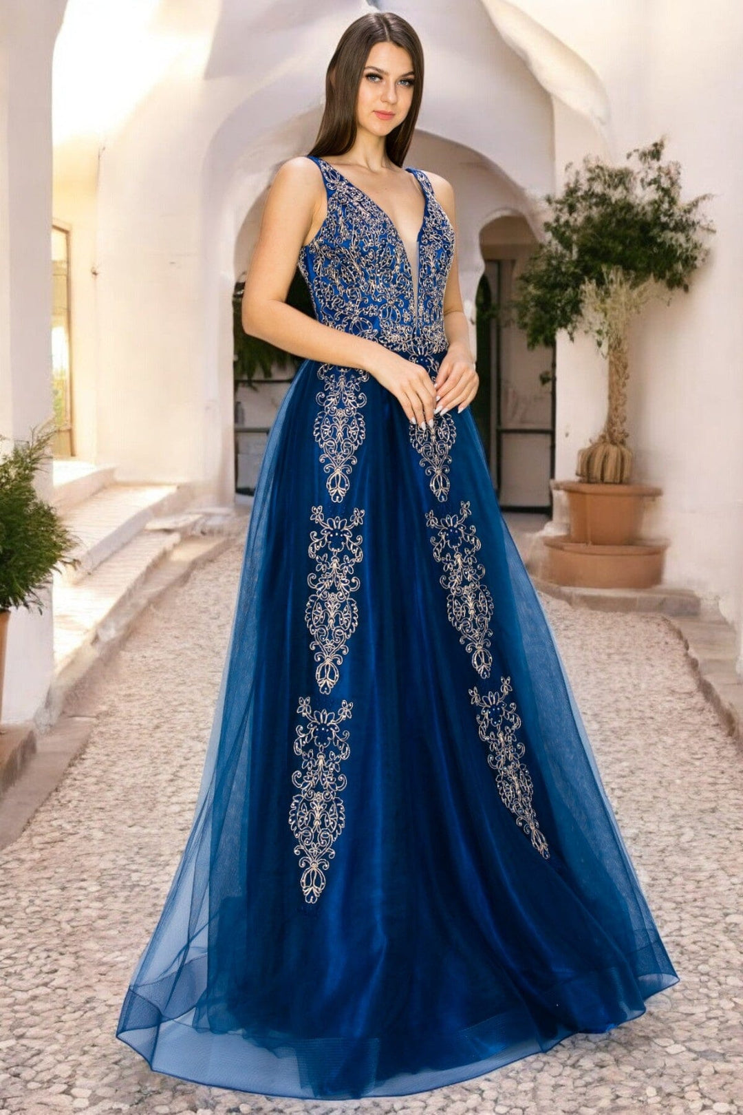 Applique Illusion V-Neck Gown by Cinderella Couture 8029J