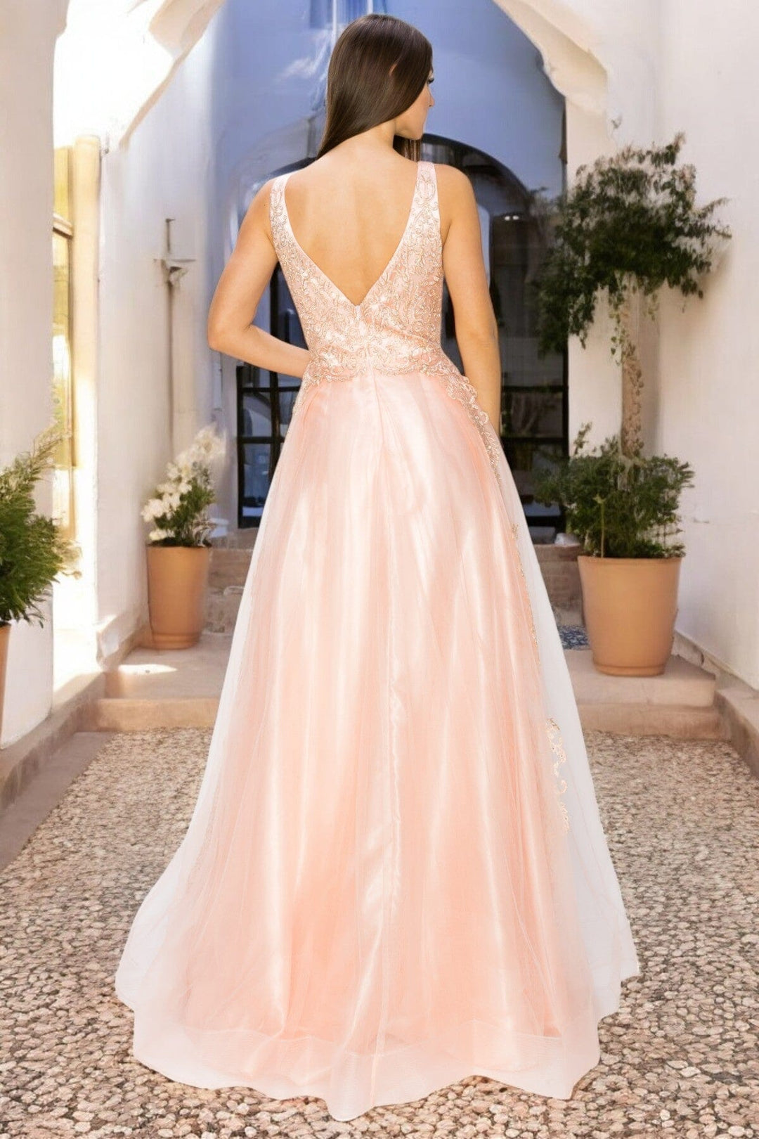 Applique Illusion V-Neck Gown by Cinderella Couture 8029J