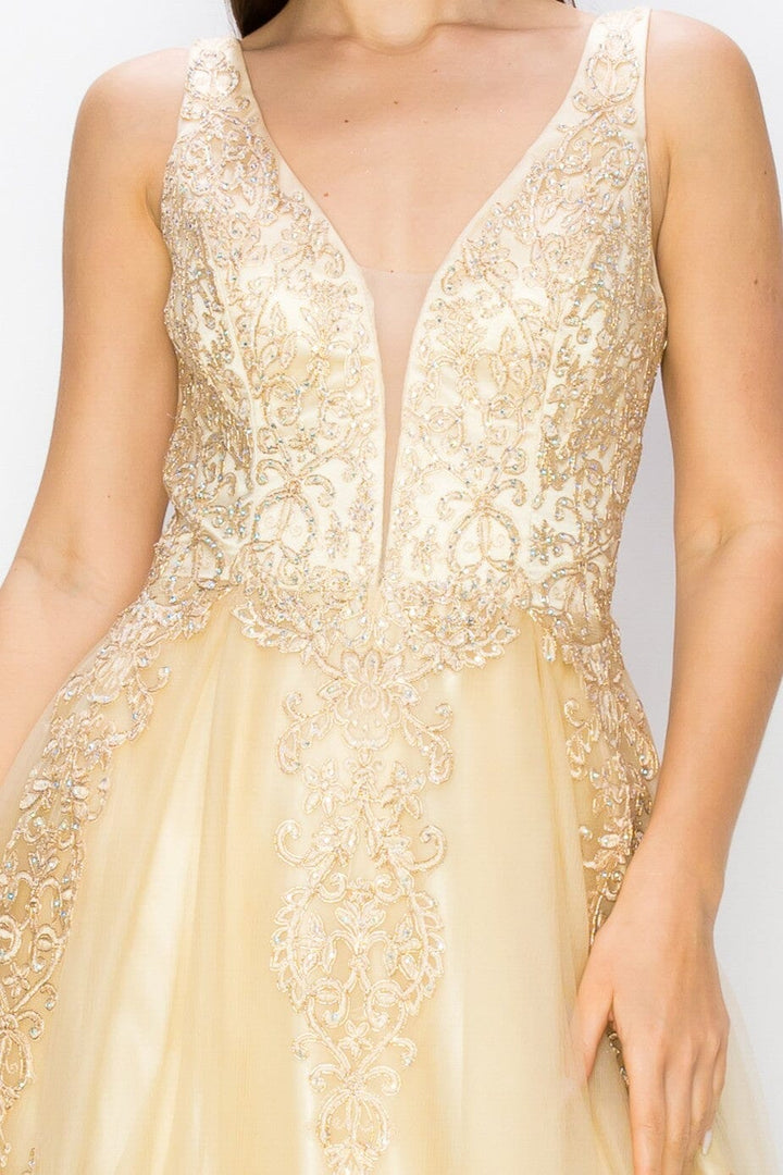 Applique Illusion V-Neck Gown by Cinderella Couture 8029J