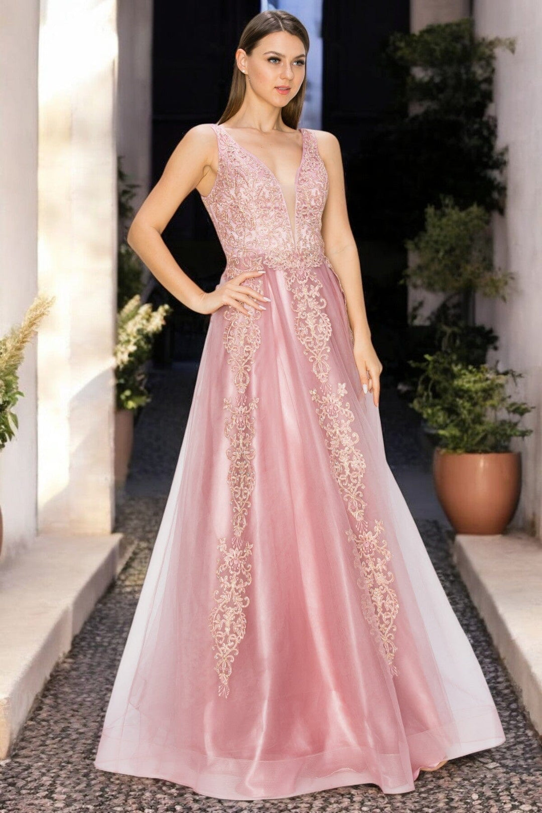 Applique Illusion V-Neck Gown by Cinderella Couture 8029J