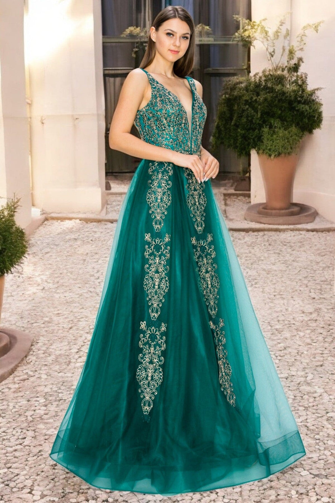 Applique Illusion V-Neck Gown by Cinderella Couture 8029J