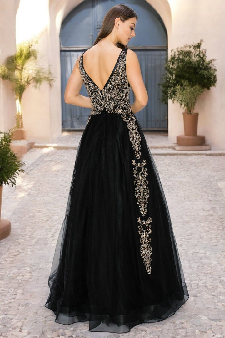Applique Illusion V-Neck Gown by Cinderella Couture 8029J