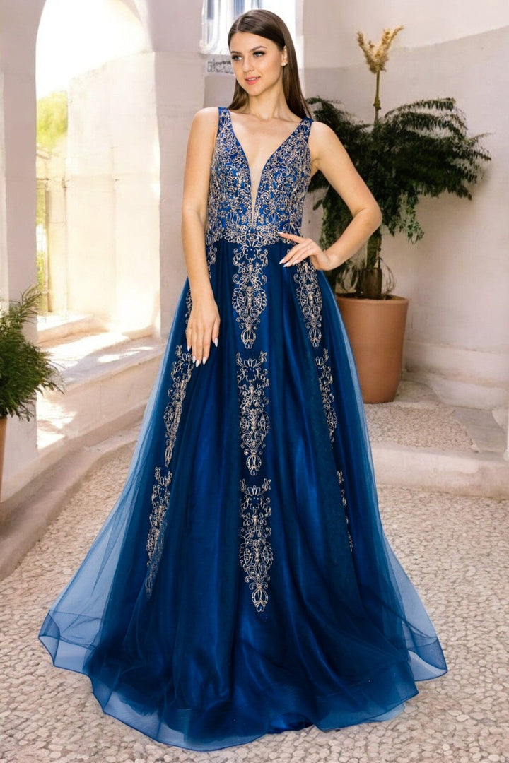 Applique Illusion V-Neck Gown by Cinderella Couture 8029J