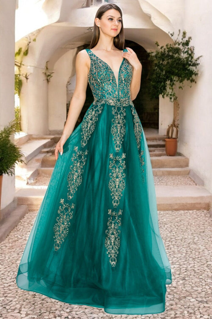 Applique Illusion V-Neck Gown by Cinderella Couture 8029J