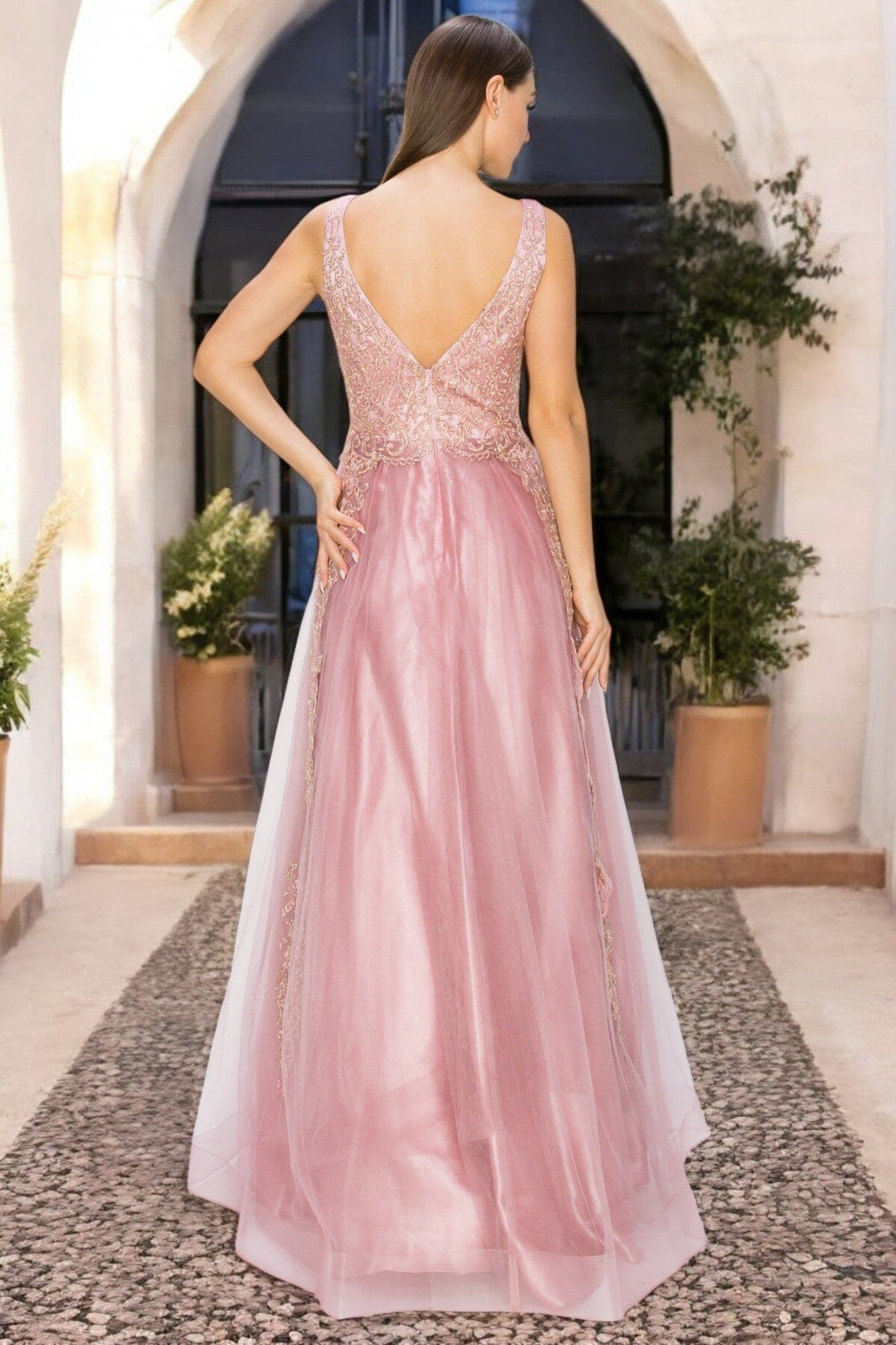 Applique Illusion V-Neck Gown by Cinderella Couture 8029J