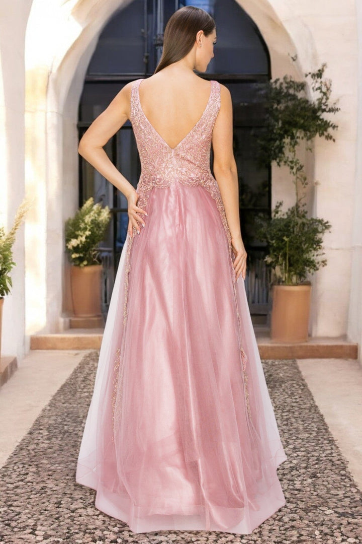 Applique Illusion V-Neck Gown by Cinderella Couture 8029J