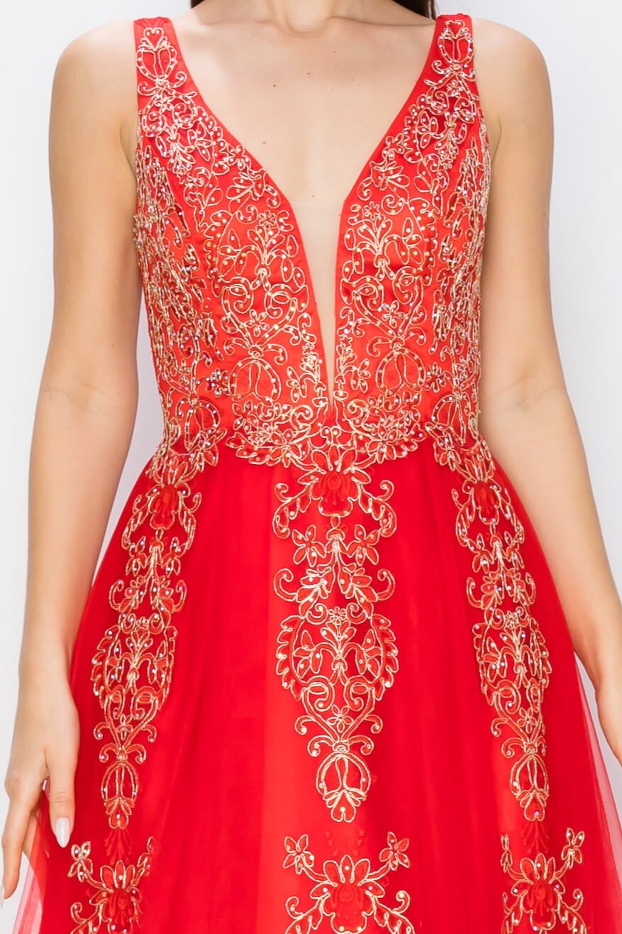 Applique Illusion V-Neck Gown by Cinderella Couture 8029J