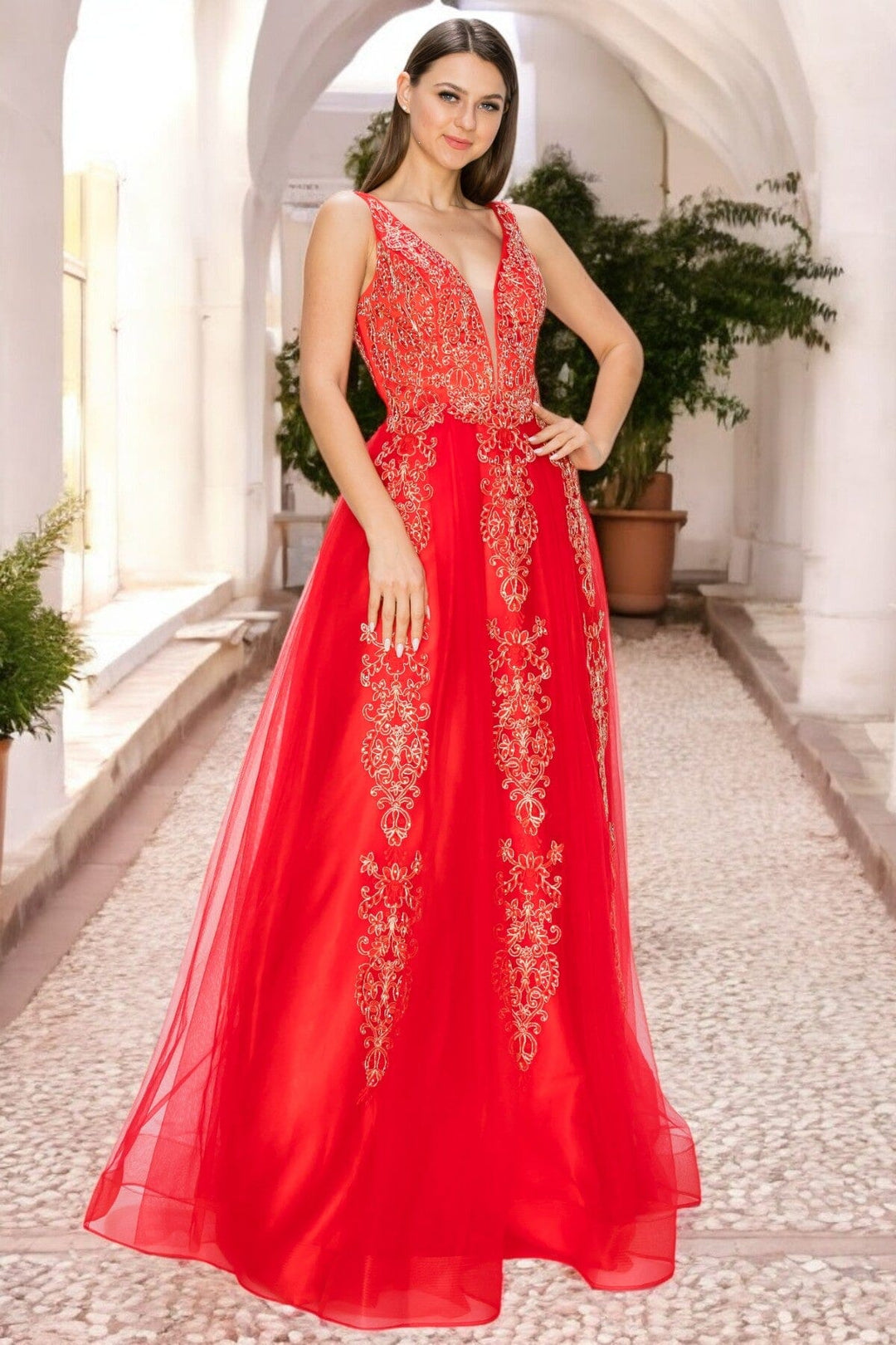 Applique Illusion V-Neck Gown by Cinderella Couture 8029J