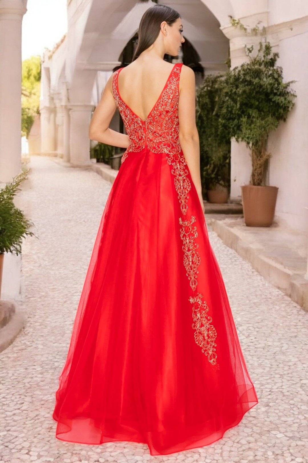 Applique Illusion V-Neck Gown by Cinderella Couture 8029J