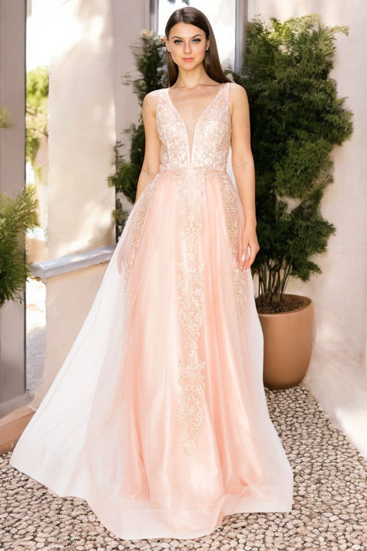 Applique Illusion V-Neck Gown by Cinderella Couture 8029J
