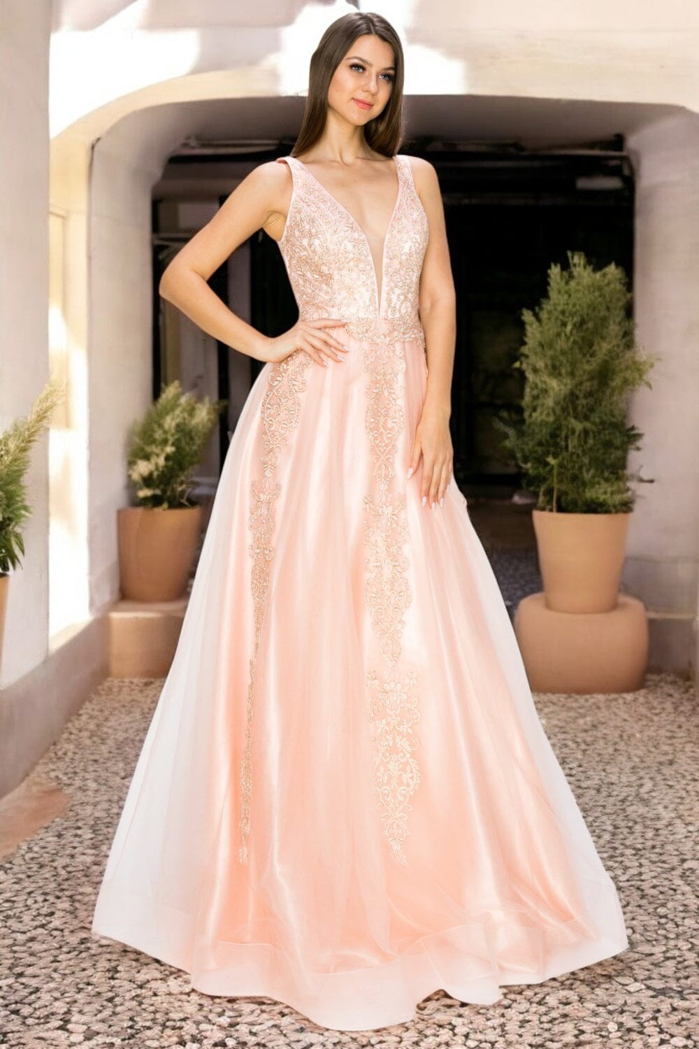 Applique Illusion V-Neck Gown by Cinderella Couture 8029J