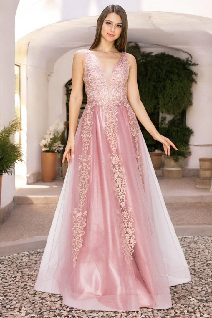 Applique Illusion V-Neck Gown by Cinderella Couture 8029J