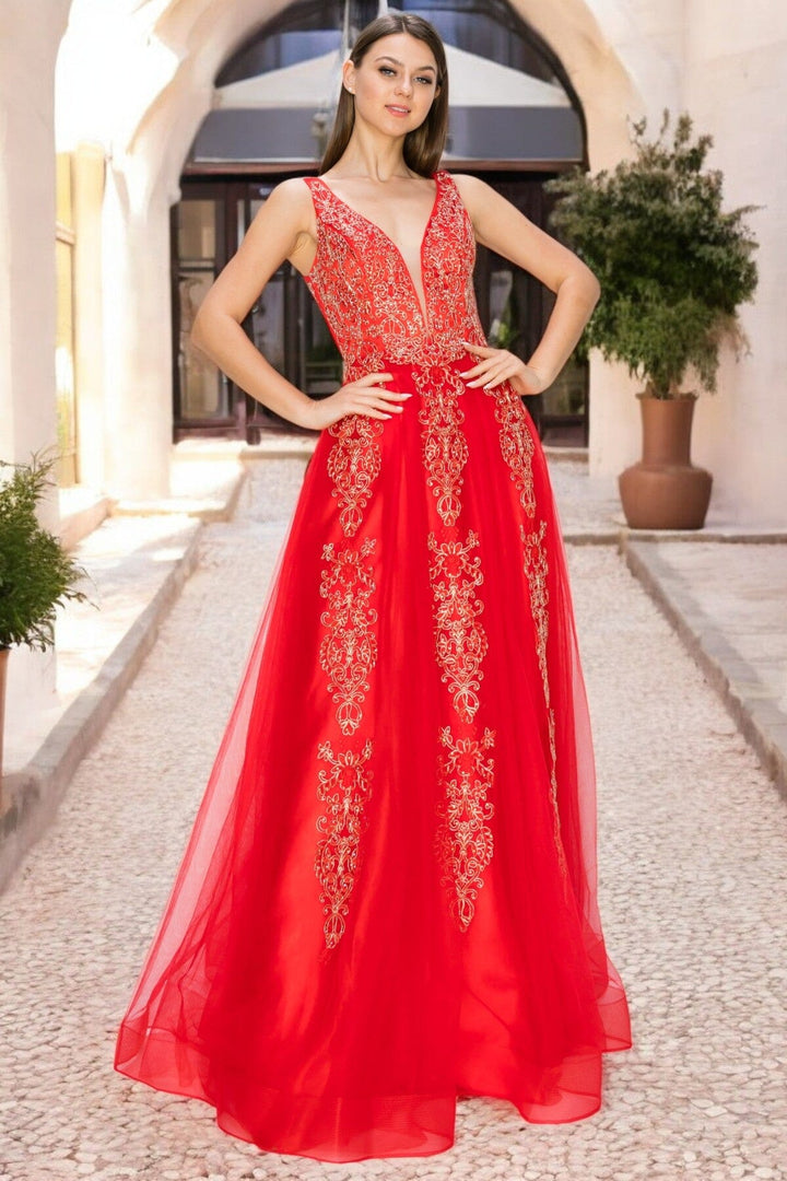 Applique Illusion V-Neck Gown by Cinderella Couture 8029J
