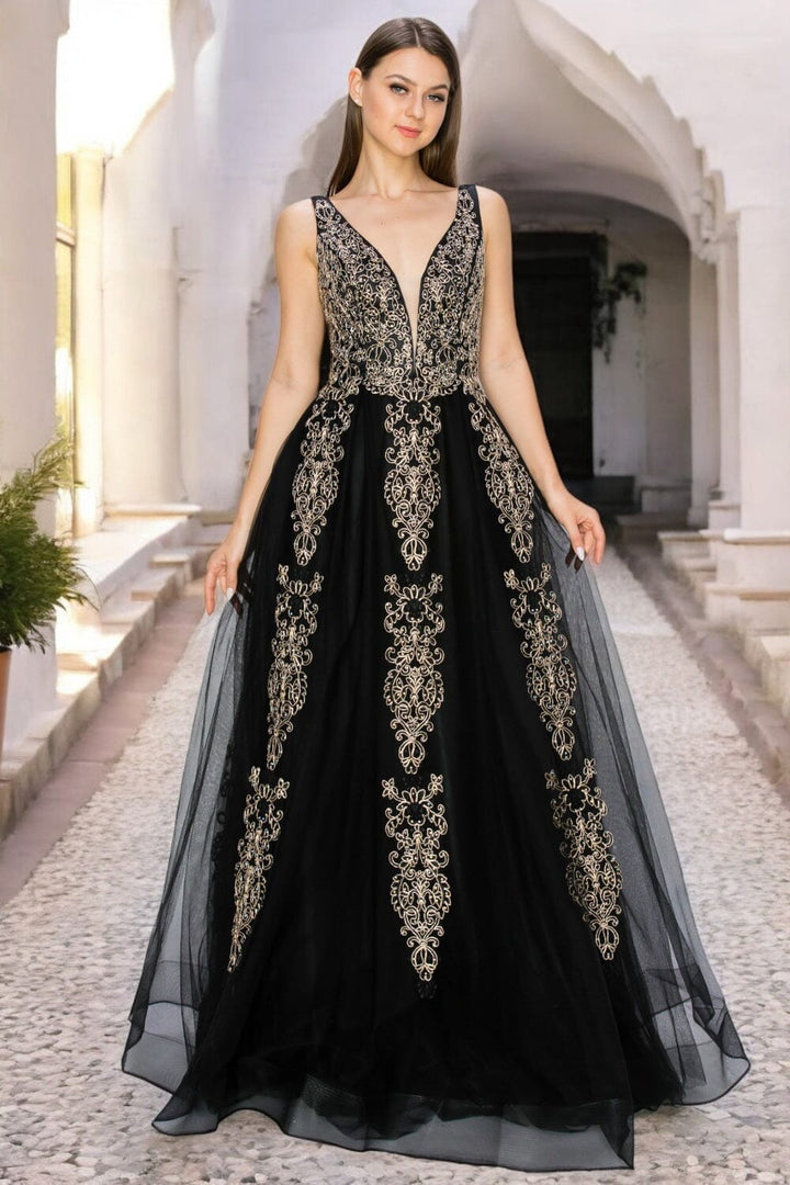 Applique Illusion V-Neck Gown by Cinderella Couture 8029J