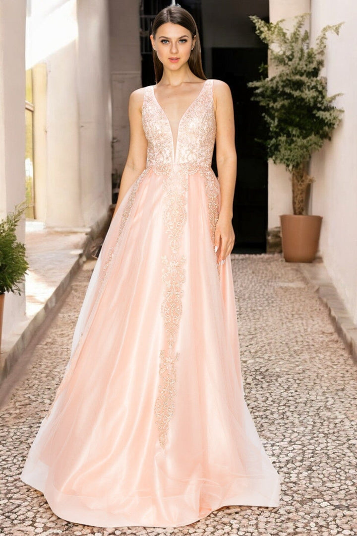 Applique Illusion V-Neck Gown by Cinderella Couture 8029J