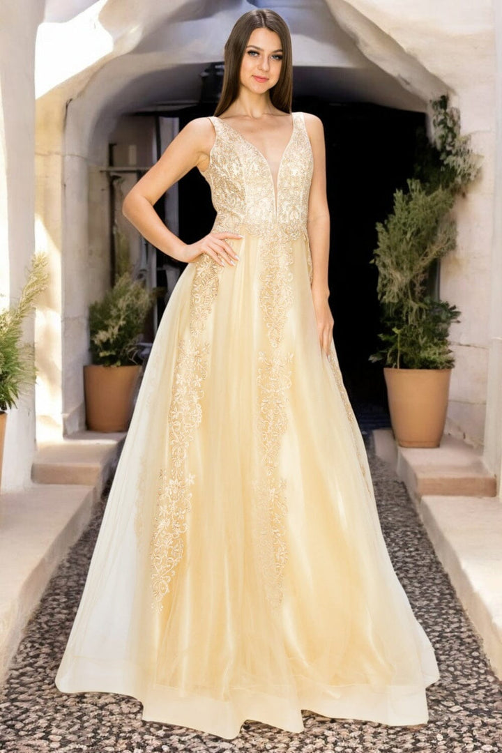 Applique Illusion V-Neck Gown by Cinderella Couture 8029J