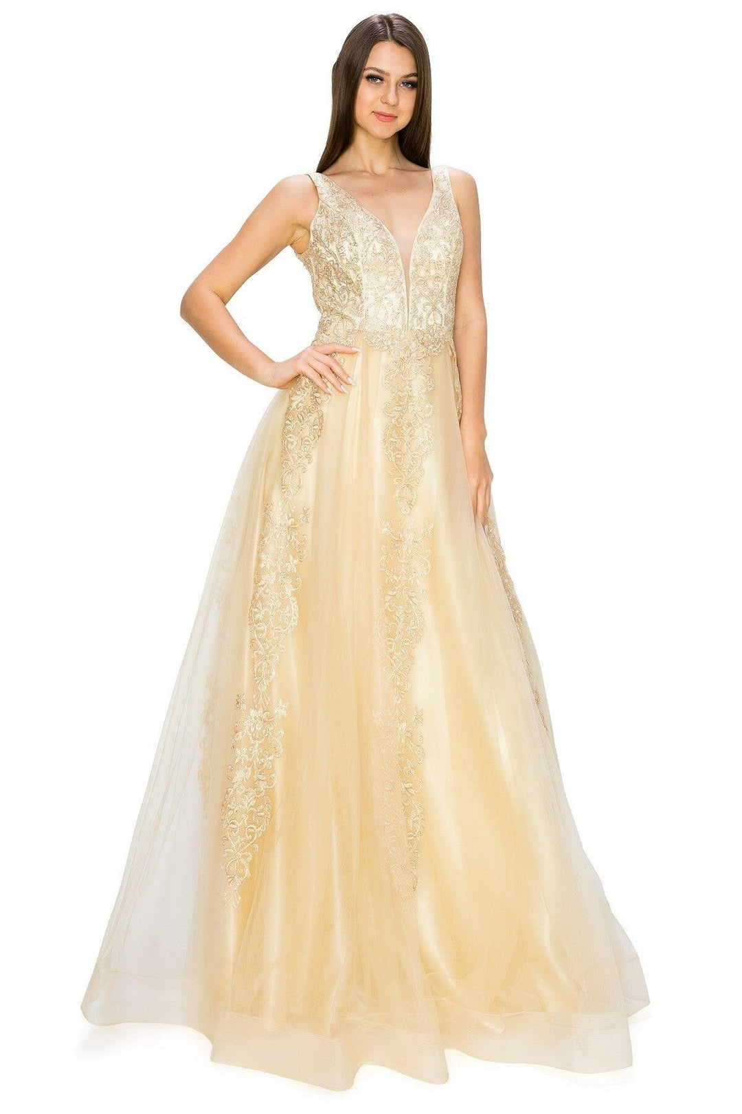 Applique Illusion V-Neck Gown by Cinderella Couture 8029J - Outlet