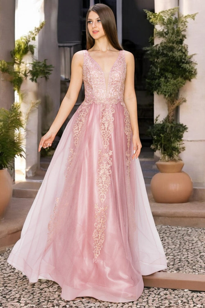 Applique Illusion V-Neck Gown by Cinderella Couture 8029J