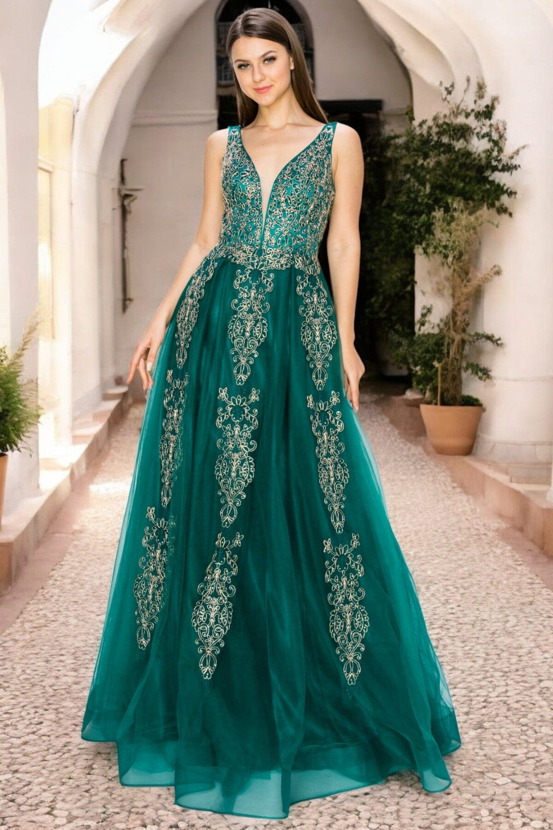 Applique Illusion V-Neck Gown by Cinderella Couture 8029J