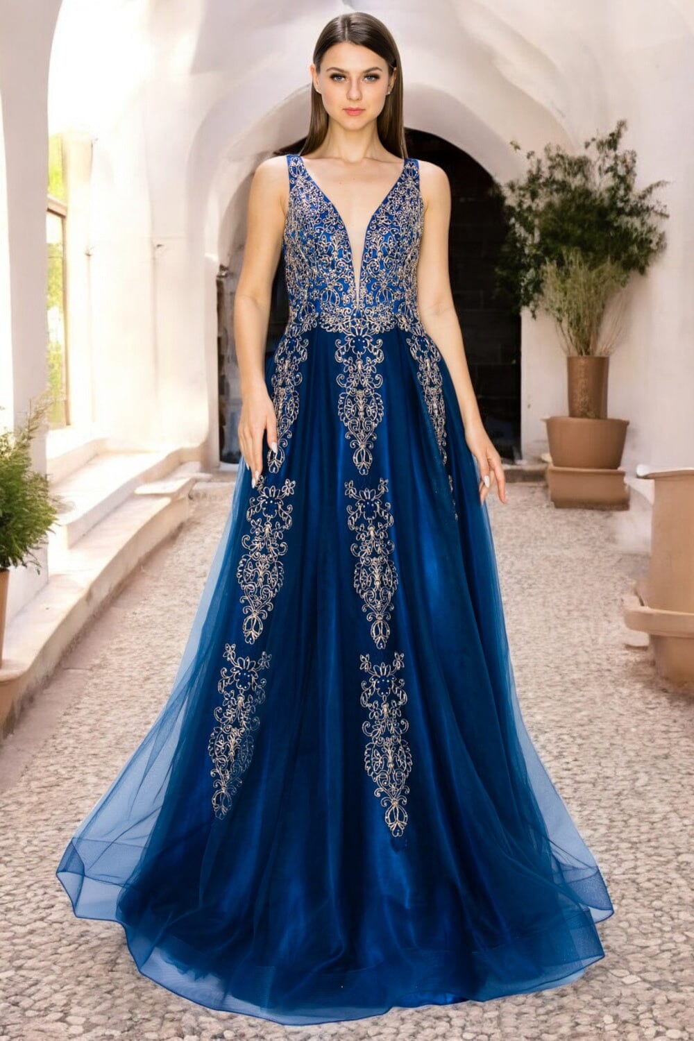 Applique Illusion V-Neck Gown by Cinderella Couture 8029J
