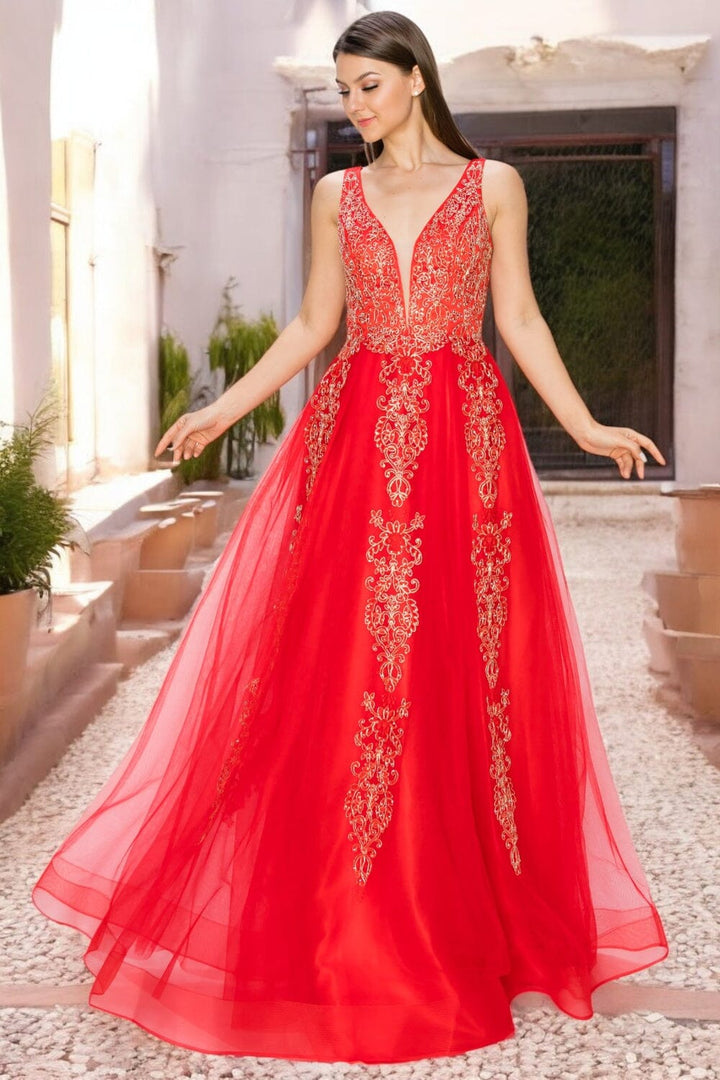 Applique Illusion V-Neck Gown by Cinderella Couture 8029J