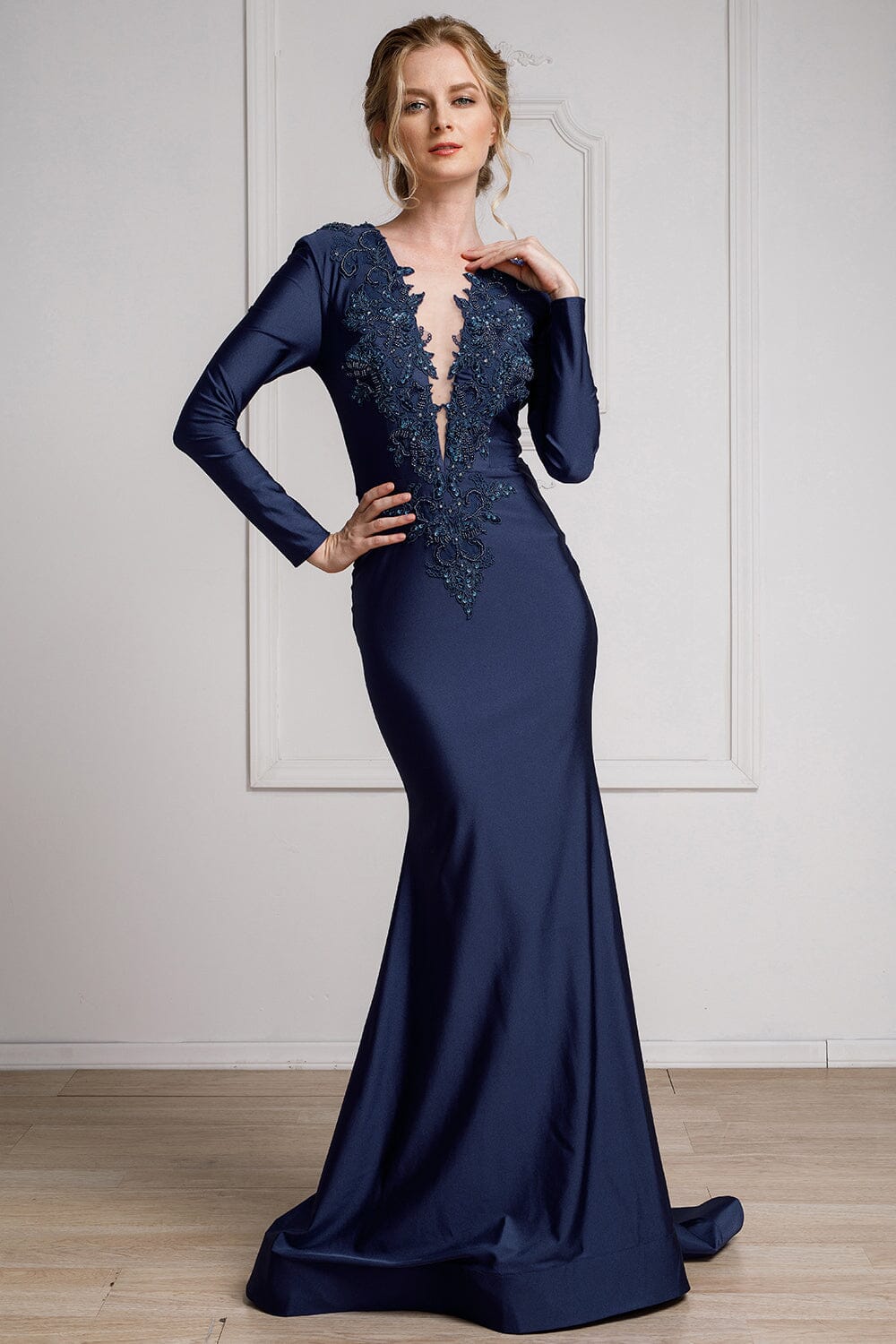 Applique Long Sleeve Lycra Gown by Amelia Couture 382