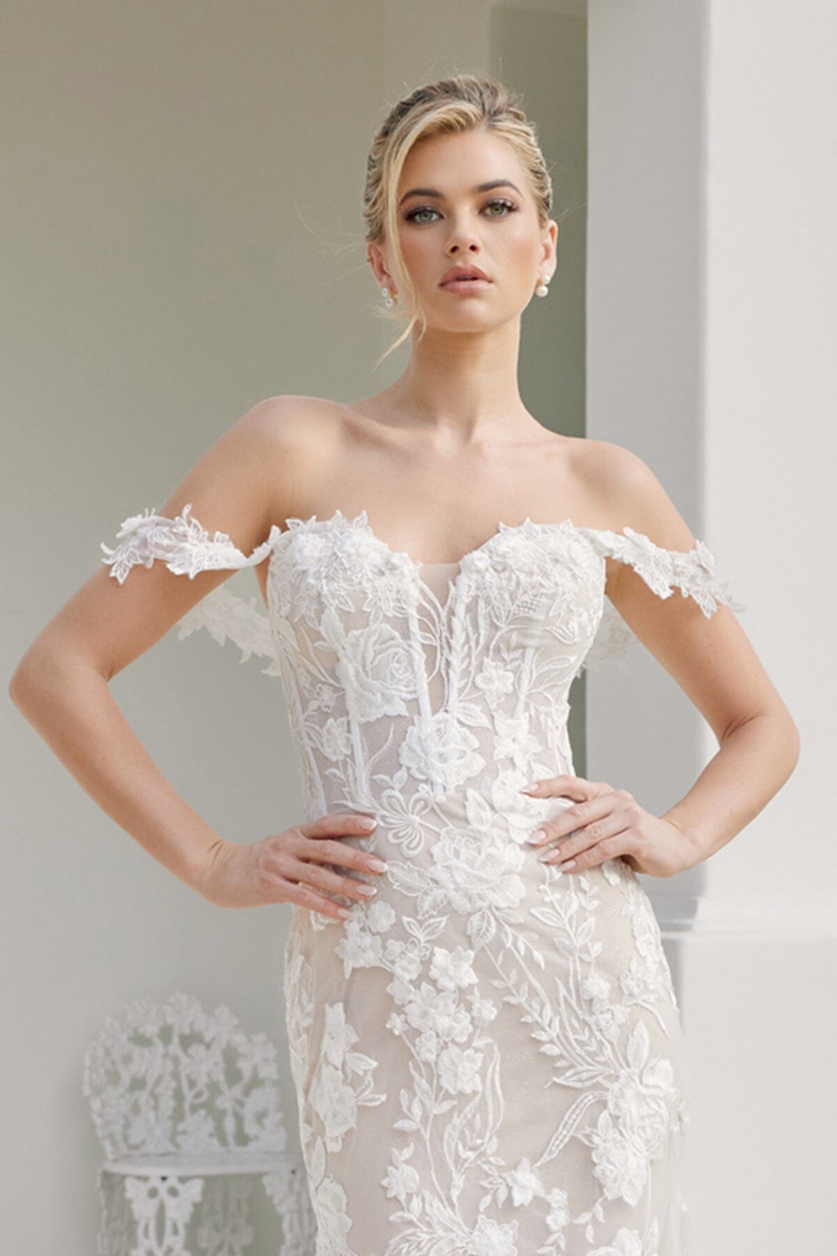 Applique Off Shoulder Bridal Mermaid Gown by Nox Anabel JE974