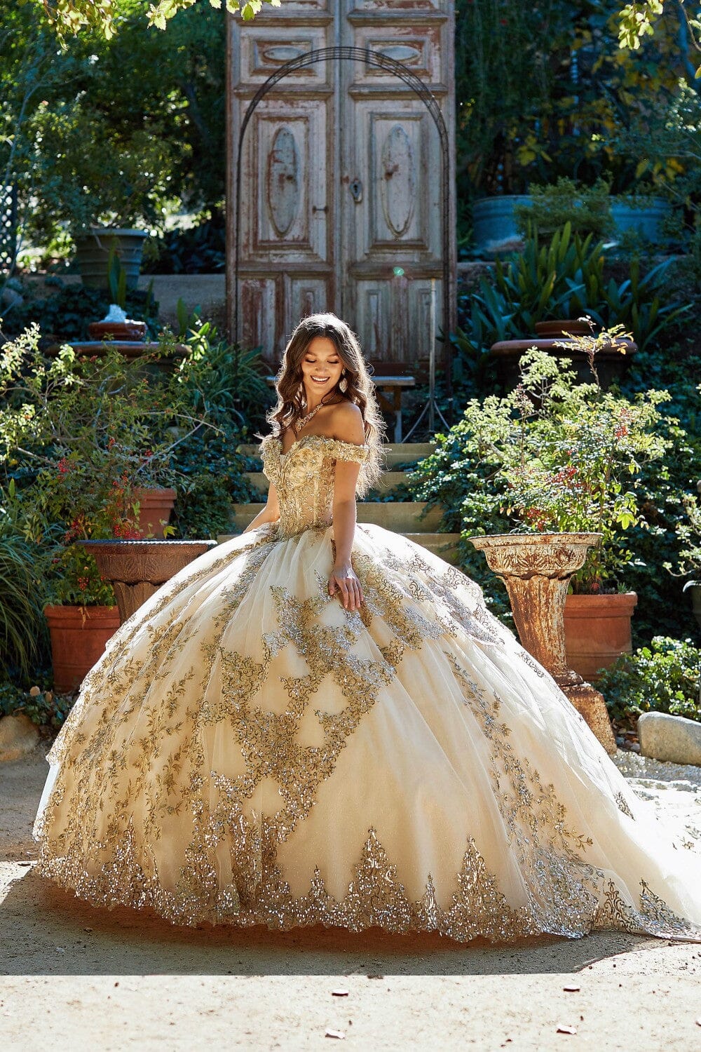 Applique Off Shoulder Corset Ball Gown by Petite Adele PQ1055 S / Royal Blue/Gold Applique Off Shoulder Corset Ball Gown by Petite Adele PQ1055 S / Royal Blue/Gold