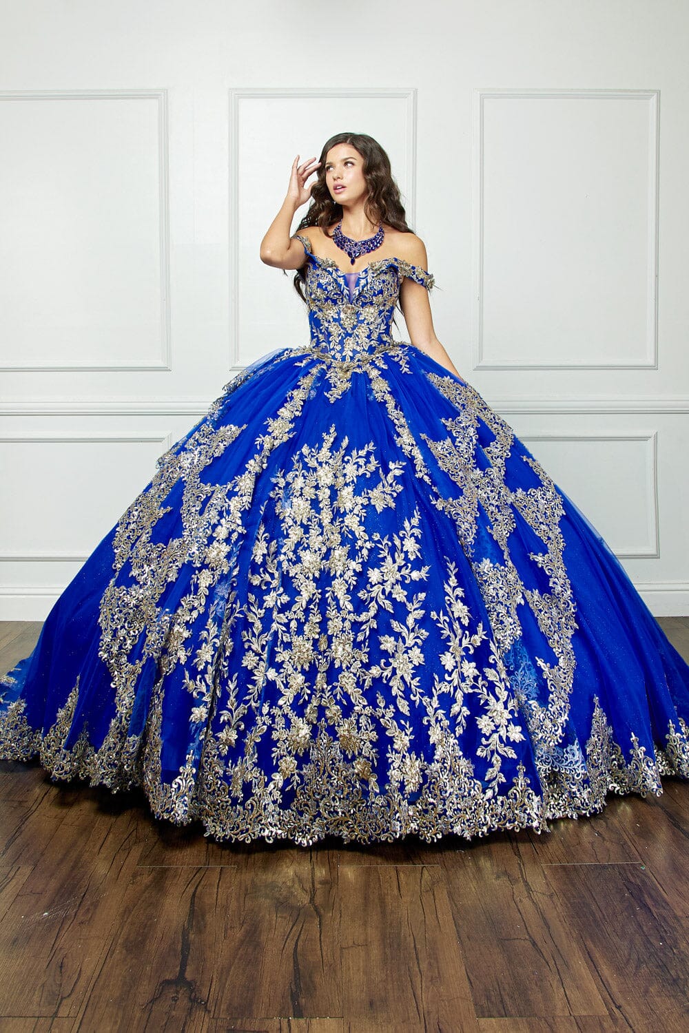 Applique Off Shoulder Corset Ball Gown by Petite Adele PQ1055 S / Royal Blue/Gold Applique Off Shoulder Corset Ball Gown by Petite Adele PQ1055 S / Royal Blue/Gold