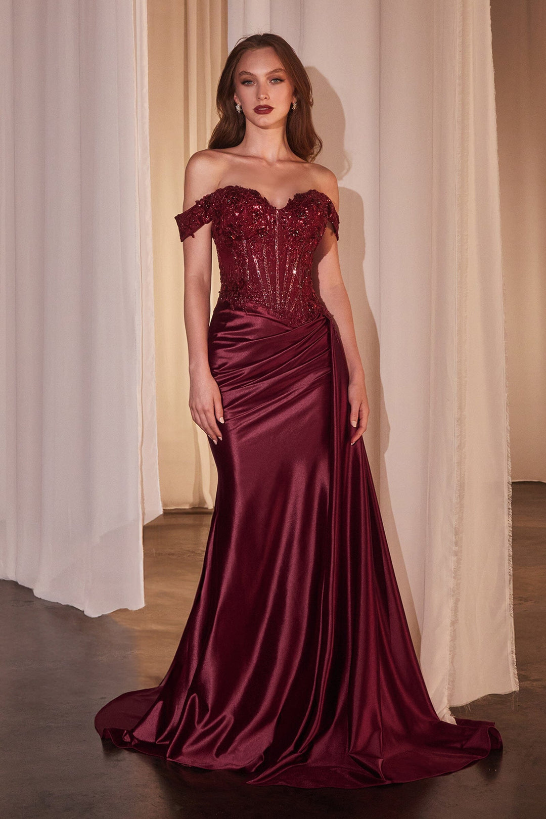 burgundy red off the shoulder prom dress for cool undertones