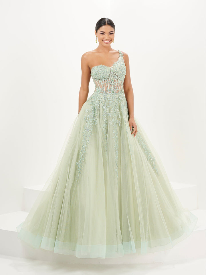 Applique One Shoulder Corset Gown by Tiffany Designs 16096