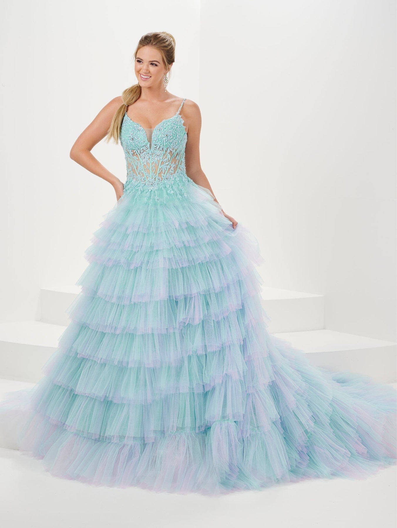 Applique Ruffled Ombre Tulle Gown by Tiffany Designs 16115 – ABC