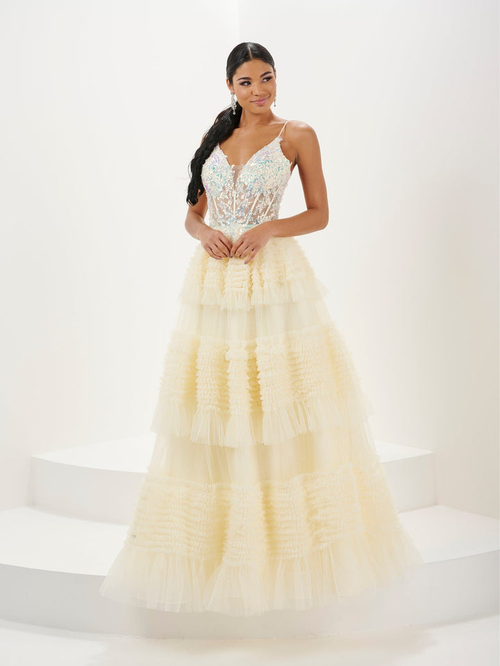 Applique Sheer Corset Ruffled Gown by Tiffany Designs 16054