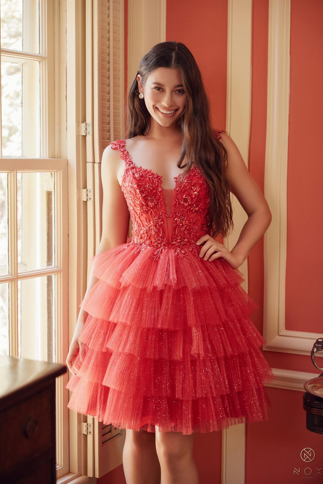 Tiered Ruffle Embroidered Red Pink Dress Tiered Ruffle Embroidered Red Pink Dress