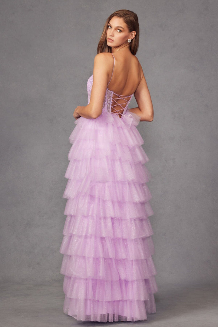 Applique Sleeveless A-line Ruffled Slit Gown by Juliet JT2458A