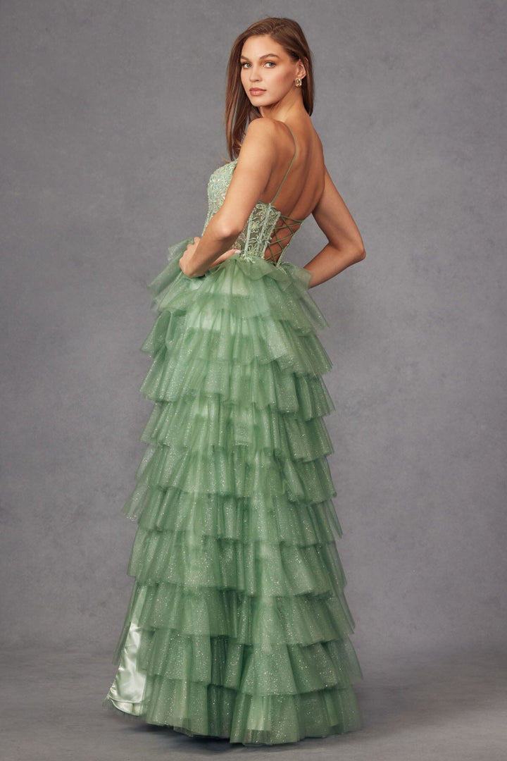 Applique Sleeveless A-line Ruffled Slit Gown by Juliet JT2458A