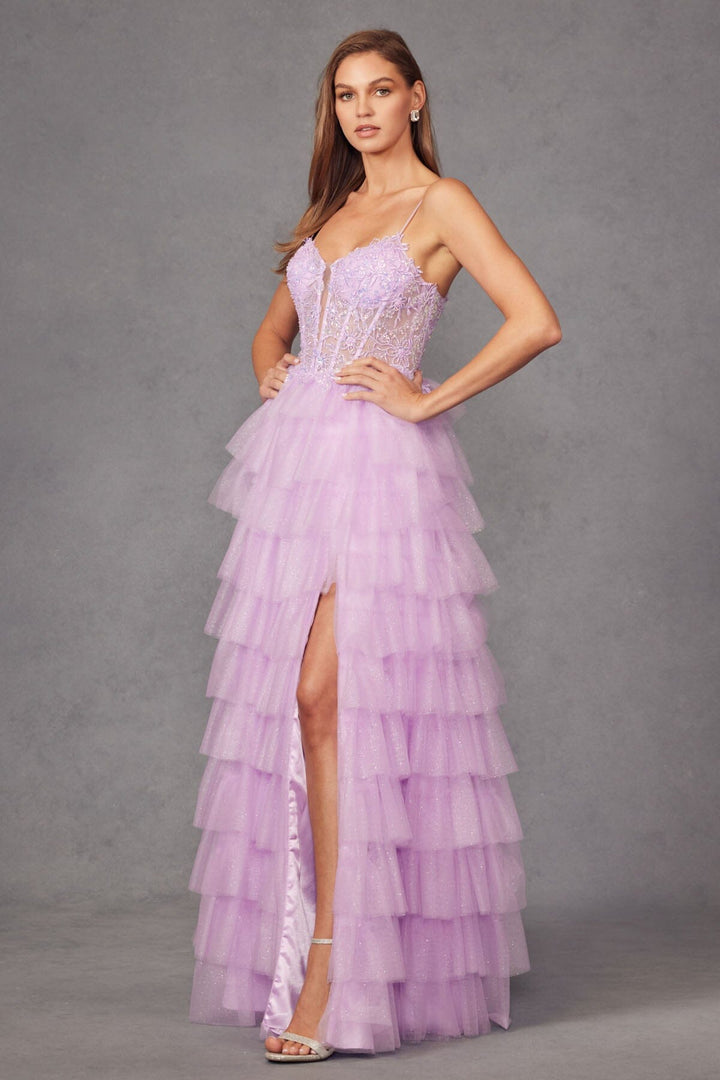 Applique Sleeveless A-line Ruffled Slit Gown by Juliet JT2458A