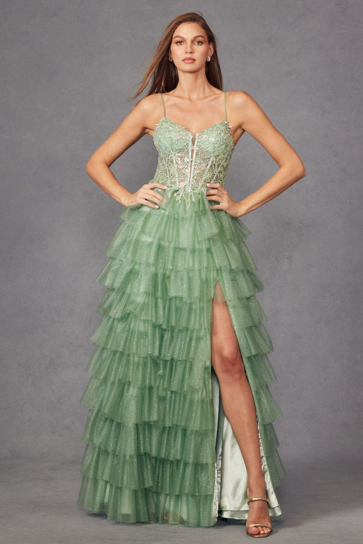 Applique Sleeveless A-line Ruffled Slit Gown by Juliet JT2458A