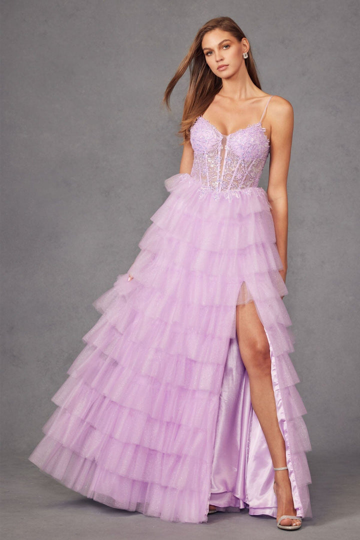 Applique Sleeveless A-line Ruffled Slit Gown by Juliet JT2458A