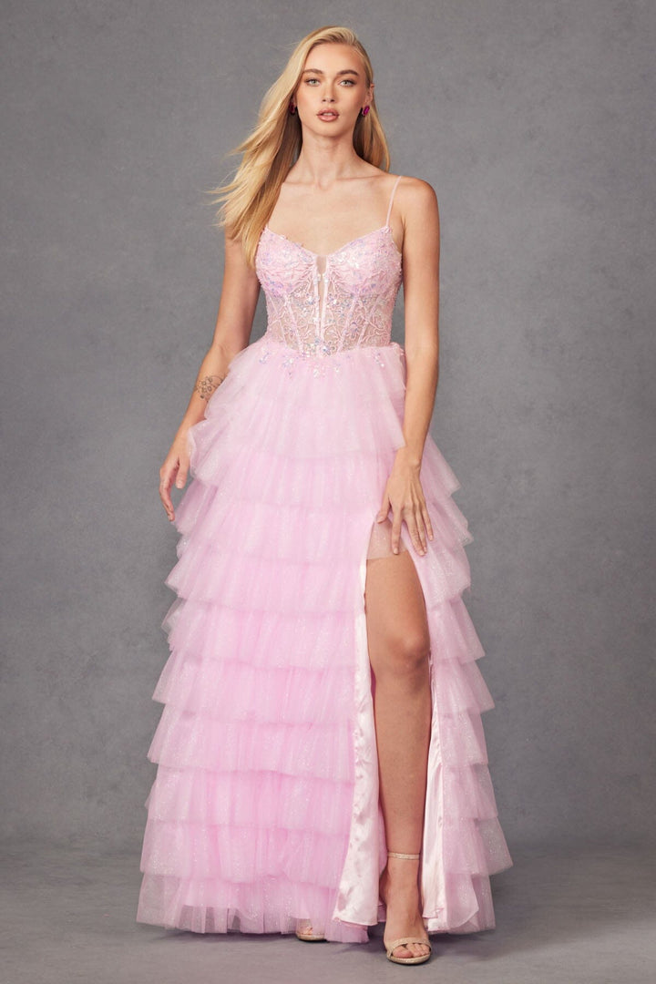 Applique Sleeveless A-line Ruffled Slit Gown by Juliet JT2458A