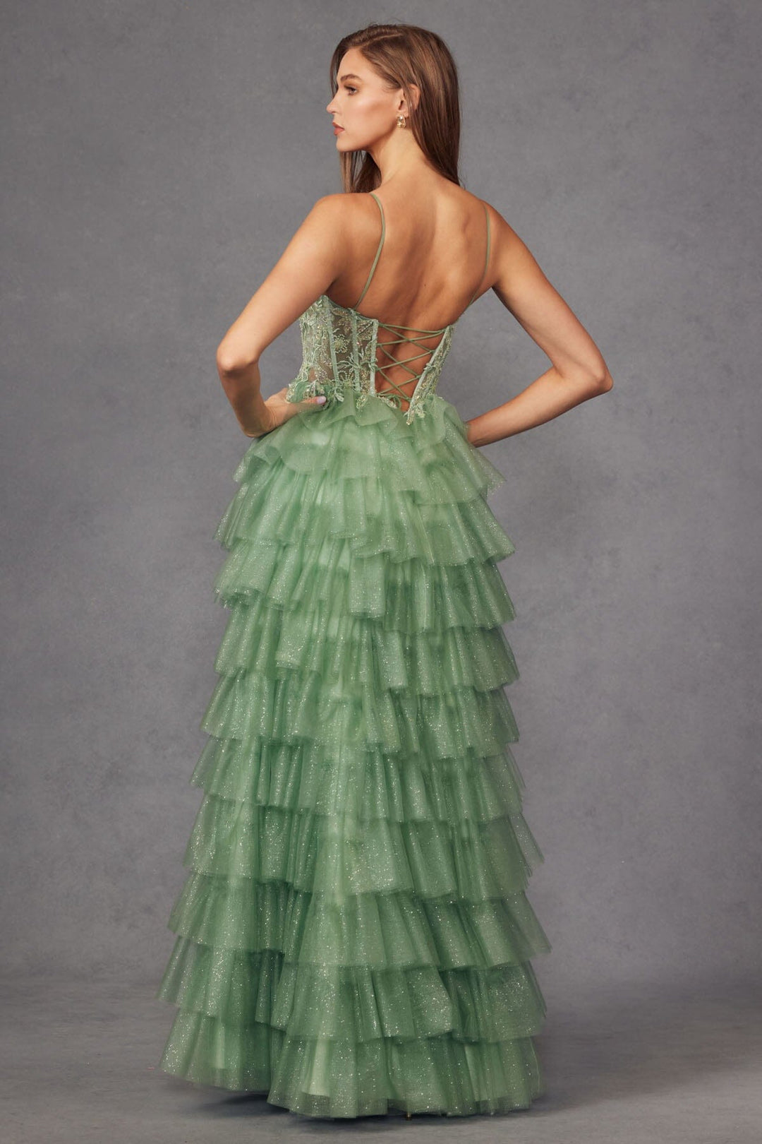Applique Sleeveless A-line Ruffled Slit Gown by Juliet JT2458A