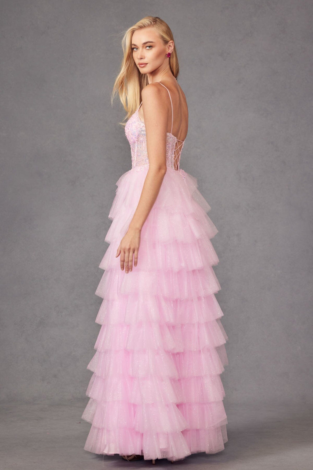 Applique Sleeveless A-line Ruffled Slit Gown by Juliet JT2458A
