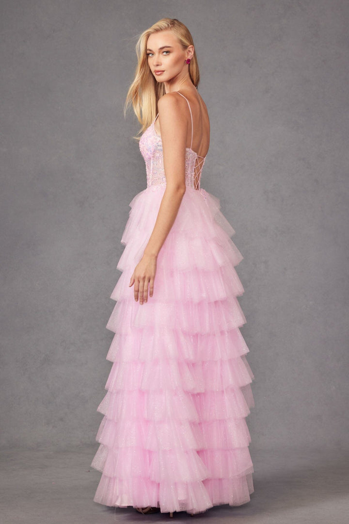 Applique Sleeveless A-line Ruffled Slit Gown by Juliet JT2458A